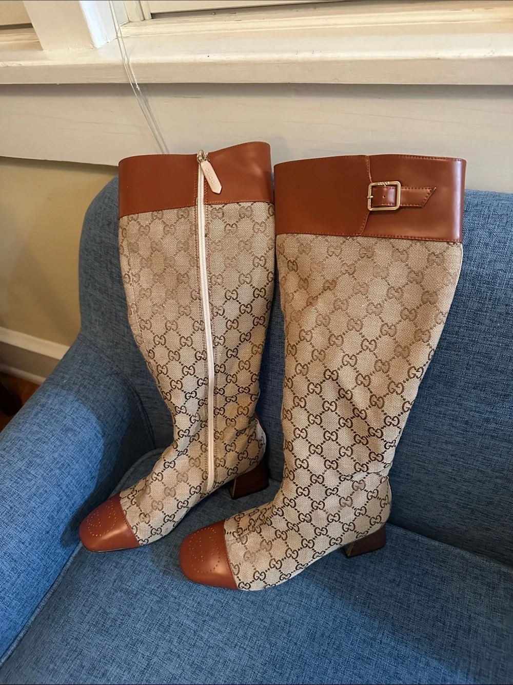 Gucci Beige GG Canvas Knee-High Boots with Brown Trim